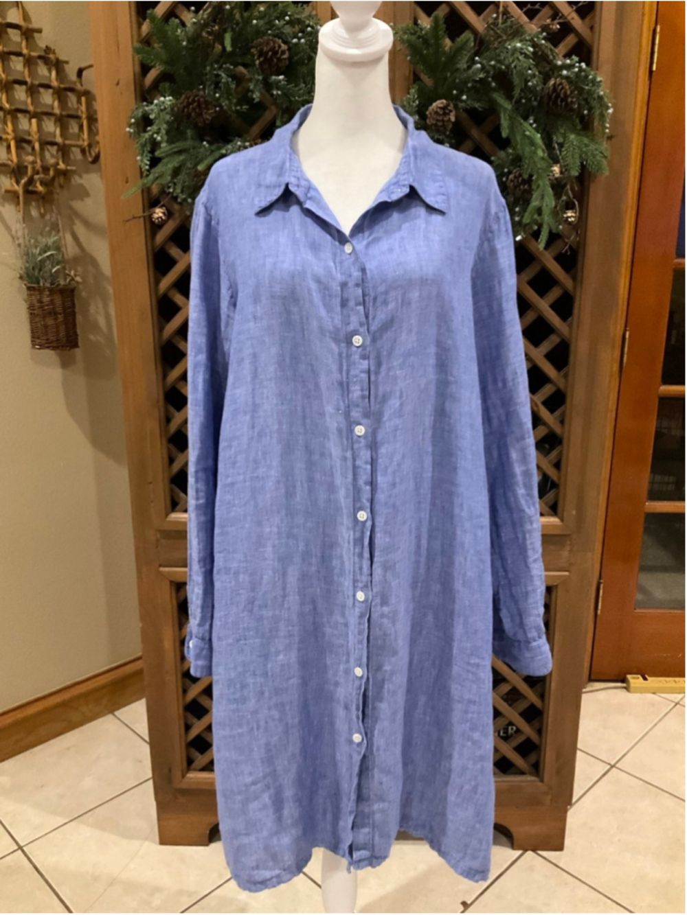 NRBY Lagenlook Blue Linen Button Front Shirt Dress XL